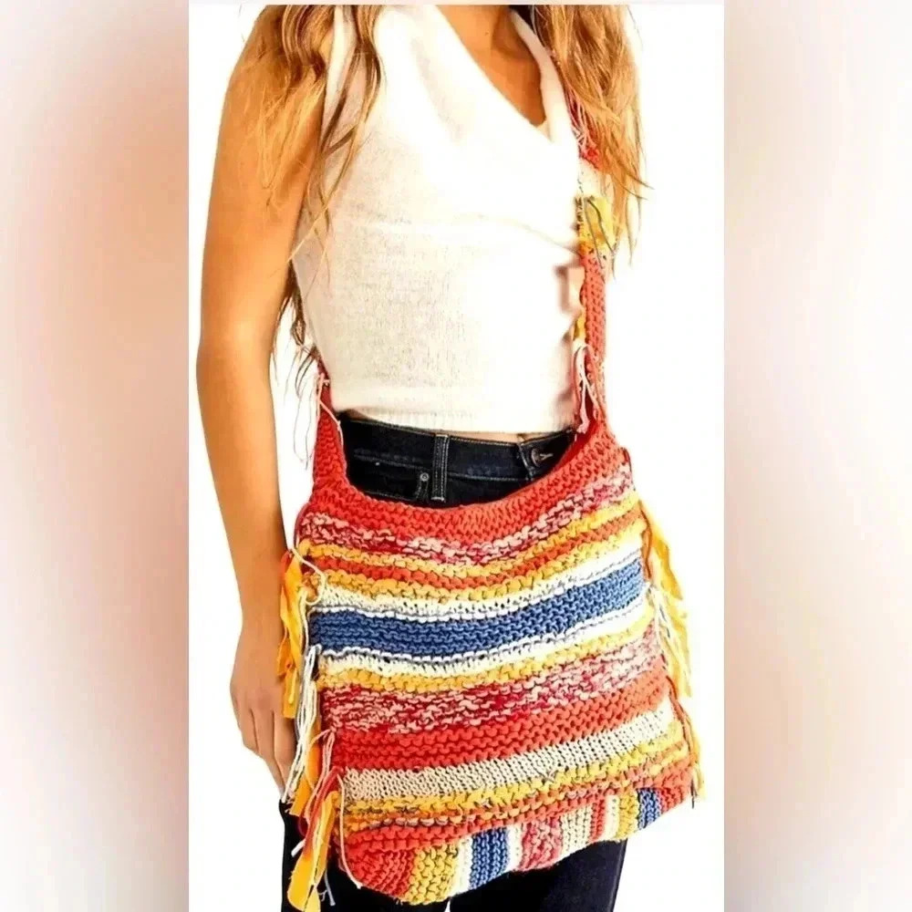 FREE PEOPLE MULTICOLOR CROCHET NORTHBOUND HOBO CROSSBODY BAG BOHO FRINGE